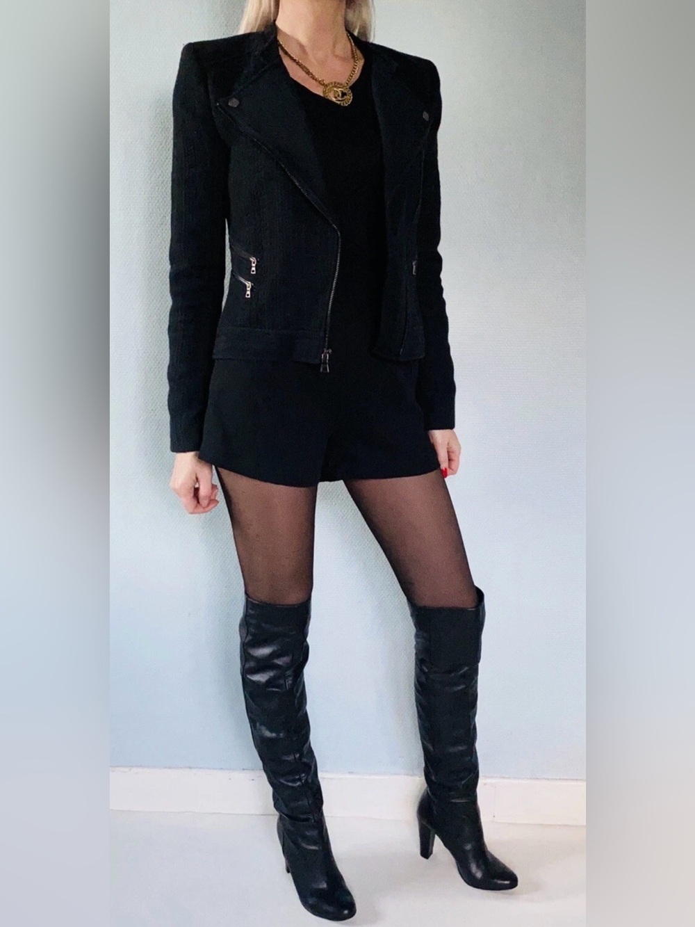 BCBGMaxAzria silk blend black Textured Moto crop blazer medium